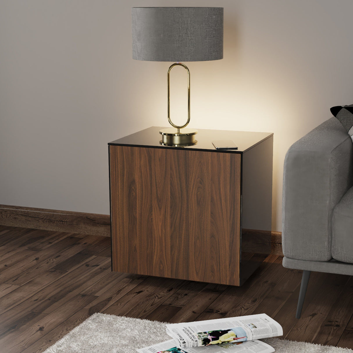 Frank Olsen Black and Walnut Lamp Table with LED Lighting and Wireless Phone Charging