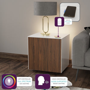 Frank Olsen High Gloss White and Walnut Lamp Table with LED Lighting and Wireless Phone Charging