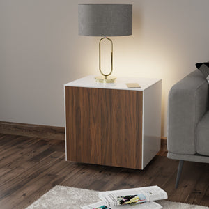 Frank Olsen High Gloss White and Walnut Lamp Table with LED Lighting and Wireless Phone Charging