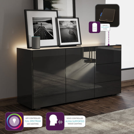 Frank Olsen Intel Range Gloss Black Sideboard With LED Lighting and Wireless Phone Charging