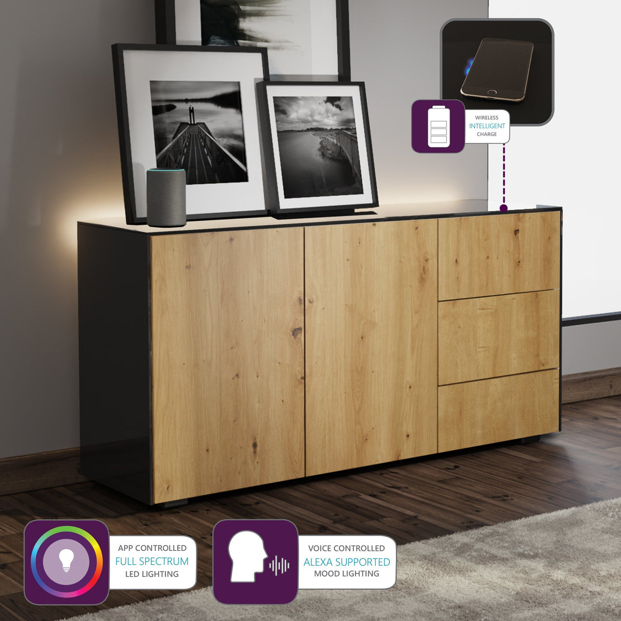 Frank Olsen Intel Range Gloss Black and Oak Sideboard With LED Lighting and Wireless Phone Charging