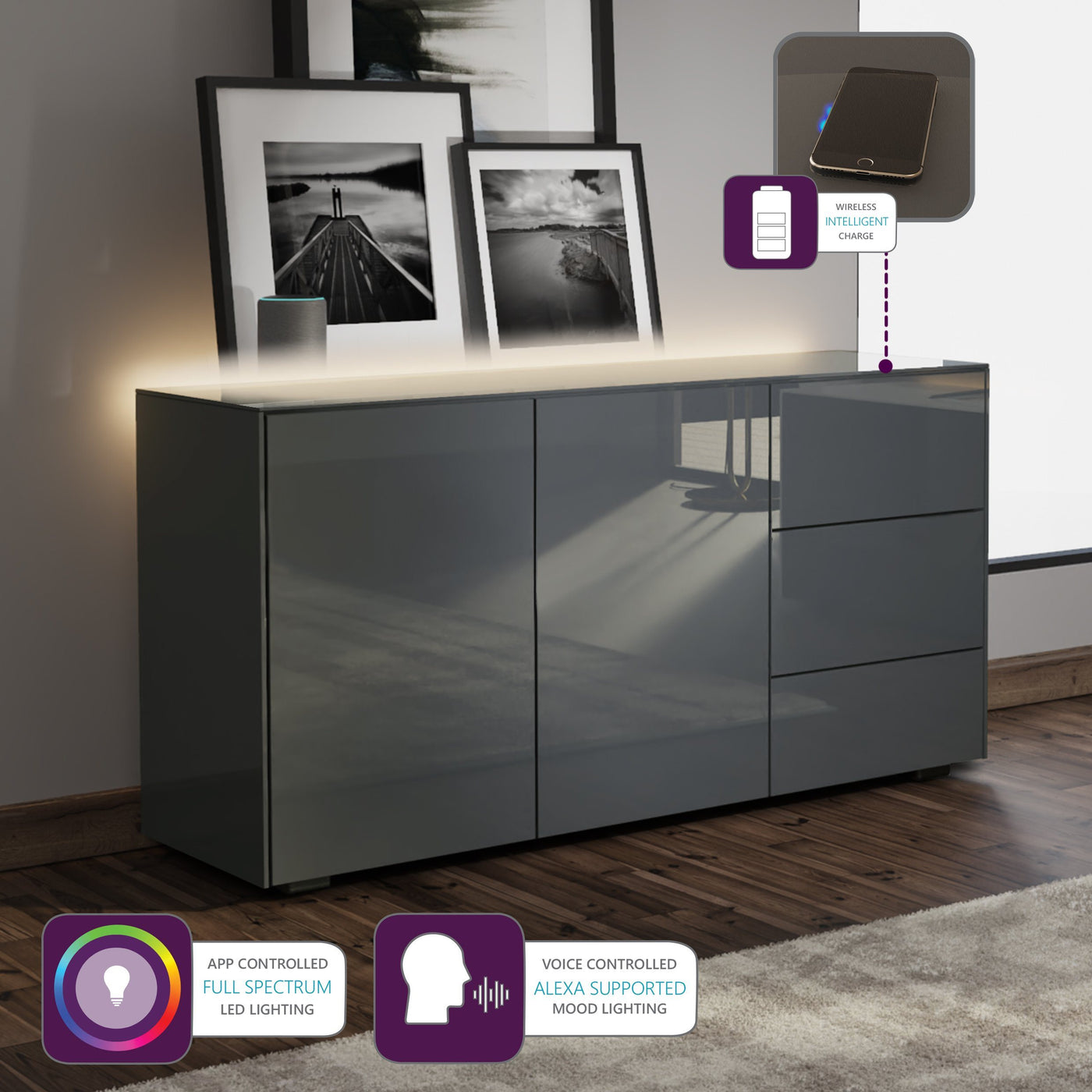 Frank Olsen Intel Range Gloss Grey Sideboard With LED Lighting and