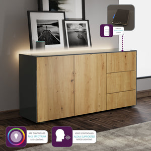 Frank Olsen Intel Range Gloss Grey and Oak Sideboard With LED Lighting and Wireless Phone Charging