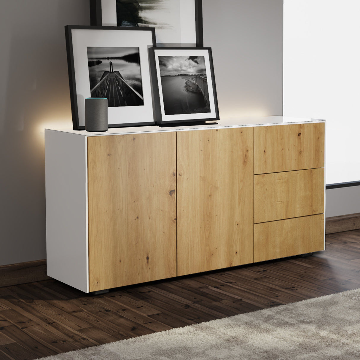 Frank Olsen Intel Range Gloss White and Oak Sideboard With LED Lighting and Wireless Phone Charging