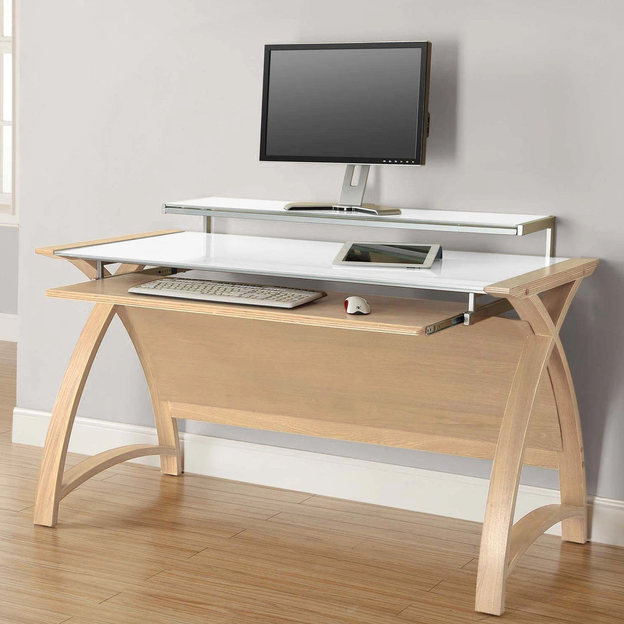 Jual Helsinki Curved 1300mm Computer Desk in Oak with White Glass