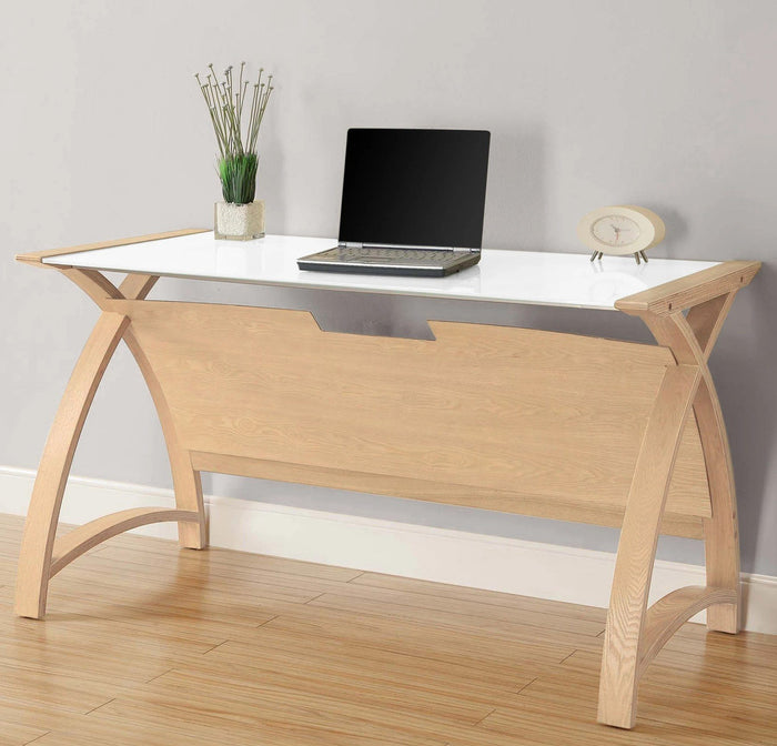 Jual Helsinki Curved 1300mm Wide Laptop Table in Oak and White Glass (PC201-1300-LT-OW)