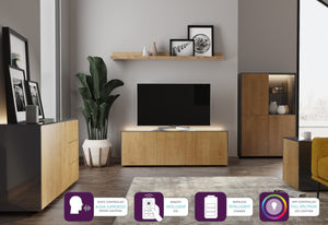Frank Olsen Oak and High Gloss Grey 1500mm TV Cabinet with LED Lighting and Wireless Phone Charging
