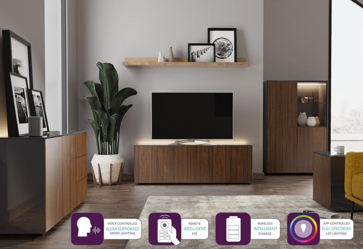 Frank Olsen High Gloss Grey and Walnut 1500mm TV Cabinet with LED Lighting and Wireless Phone Charging