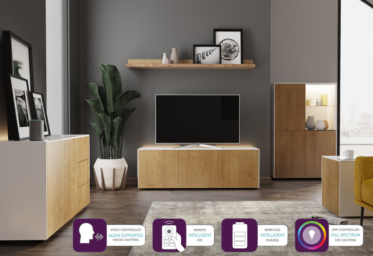 Frank Olsen Intel Range Gloss White and Oak Sideboard With LED Lighting and Wireless Phone Charging
