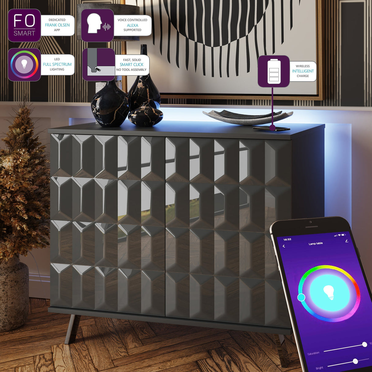 Frank Olsen Elevate Grey Small Sideboard with Mood Lighting & Wireless Phone Charging