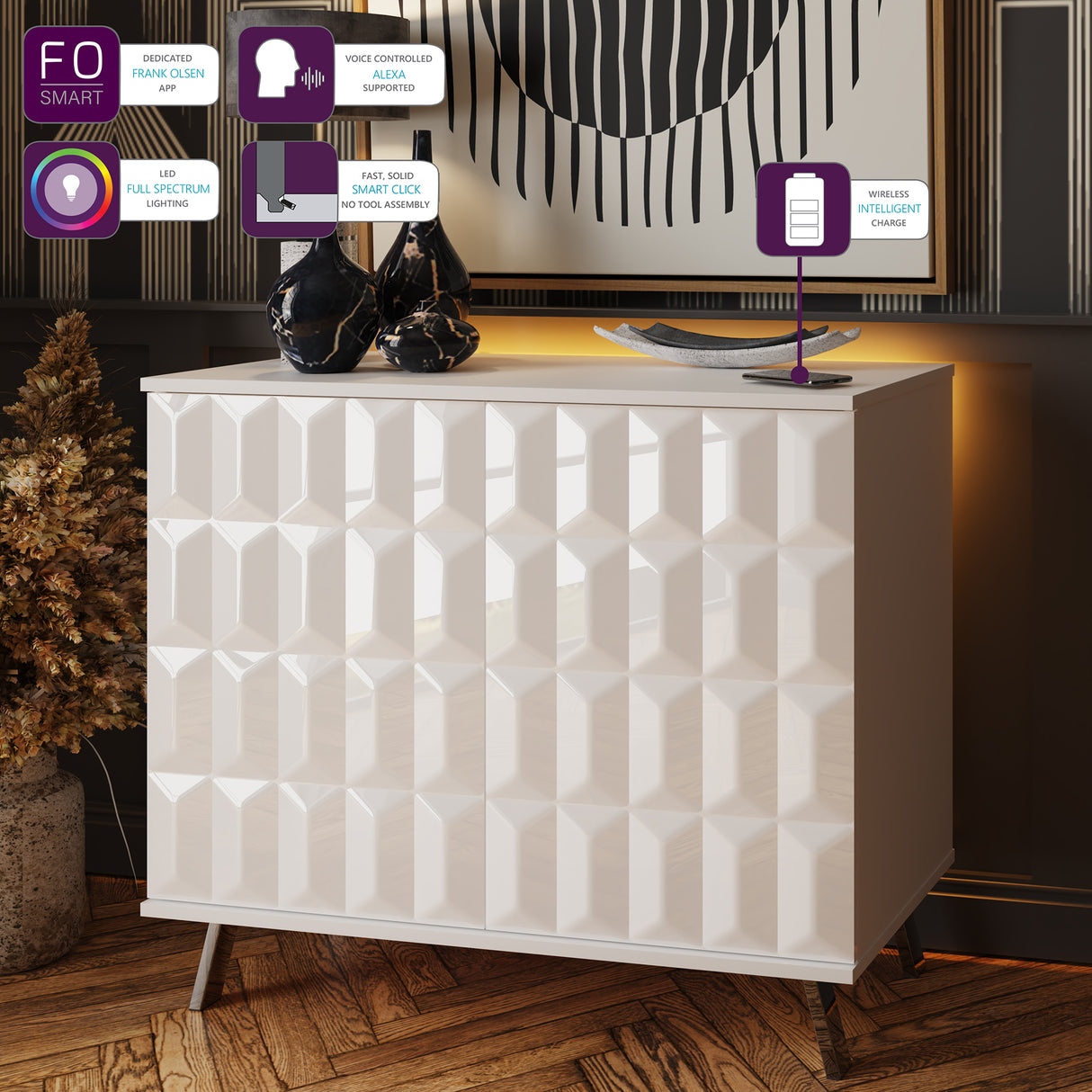 Frank Olsen Elevate White Small Sideboard with Mood Lighting & Wireless Phone Charging