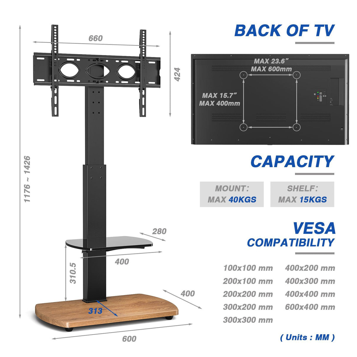 TTAP FS1-OAK TV Stand with Height Adjustable Swivel Bracket for up to 55" TVs