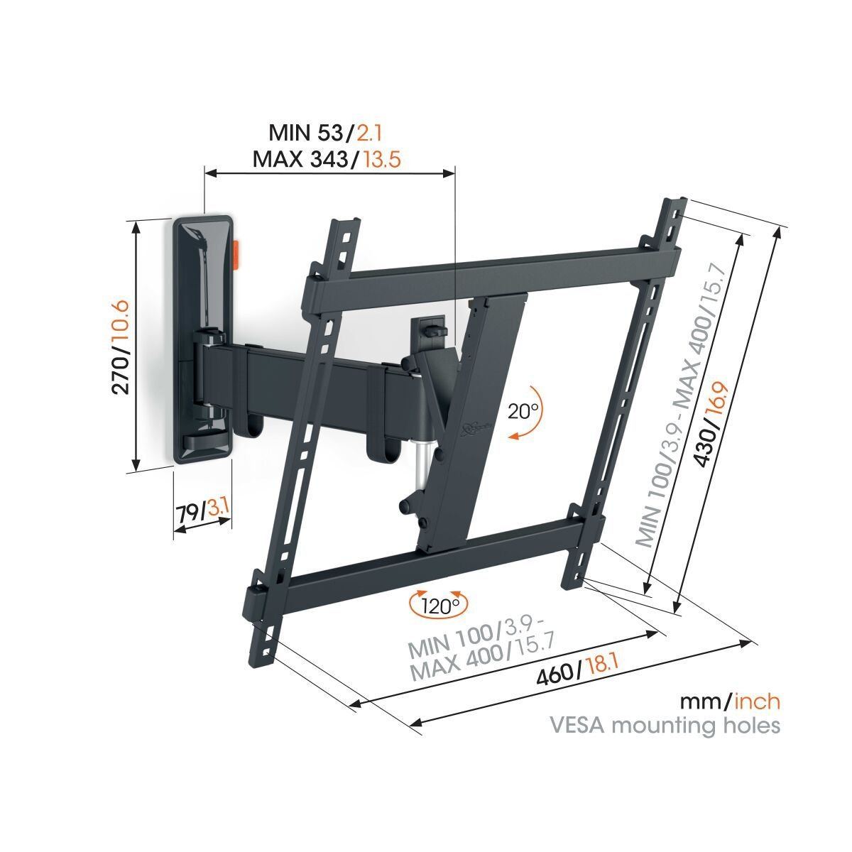 Vogels TVM 3425 TV (32-65") Single Arm Black TV Wall Bracket