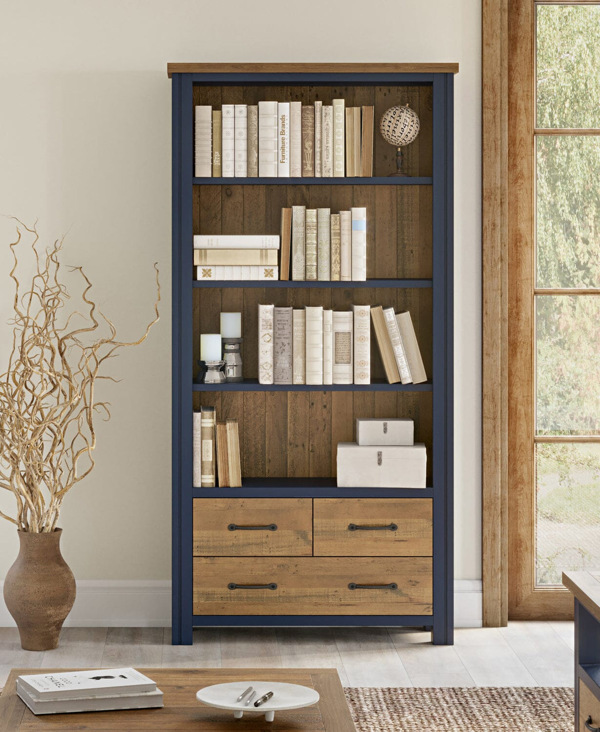 Baumhaus Splash of Blue - Large Open Bookcase with Drawers (VTTB01A)