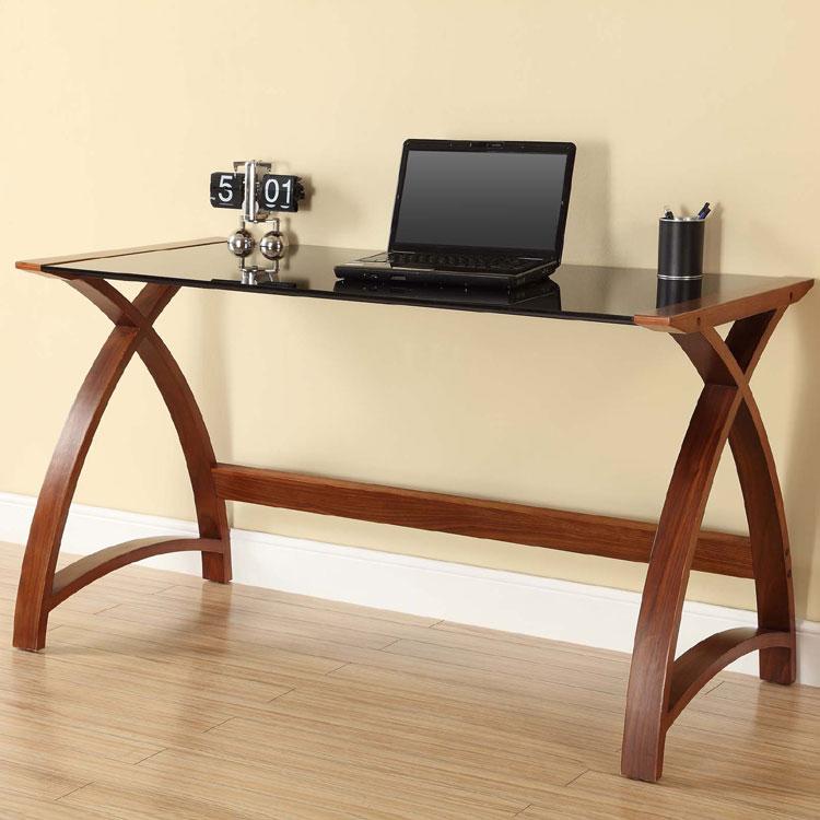 Jual Helsinki Curved 1300mm Laptop Desk in Walnut and Black Glass