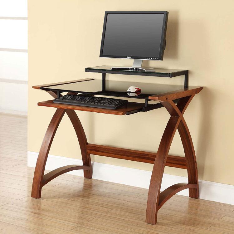 Jual Helsinki Curved 900mm Wide Computer Desk in Walnut and Black Glass (PC201-900-WB)