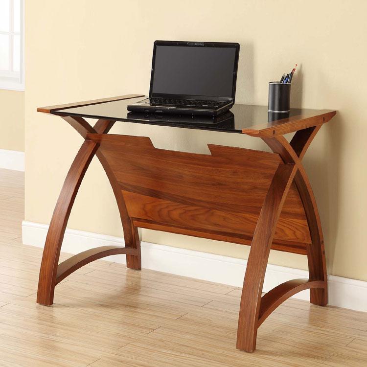 Jual Helsinki Curved 900mm wide Laptop Table in Walnut and Black Glass