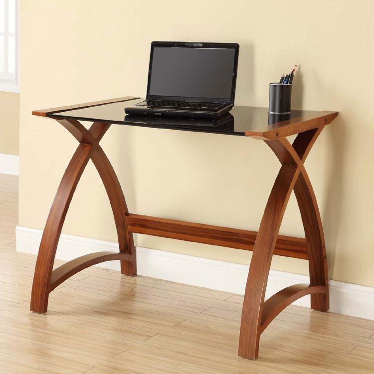 Jual Helsinki Curved 900mm wide Laptop Table in Walnut and Black Glass