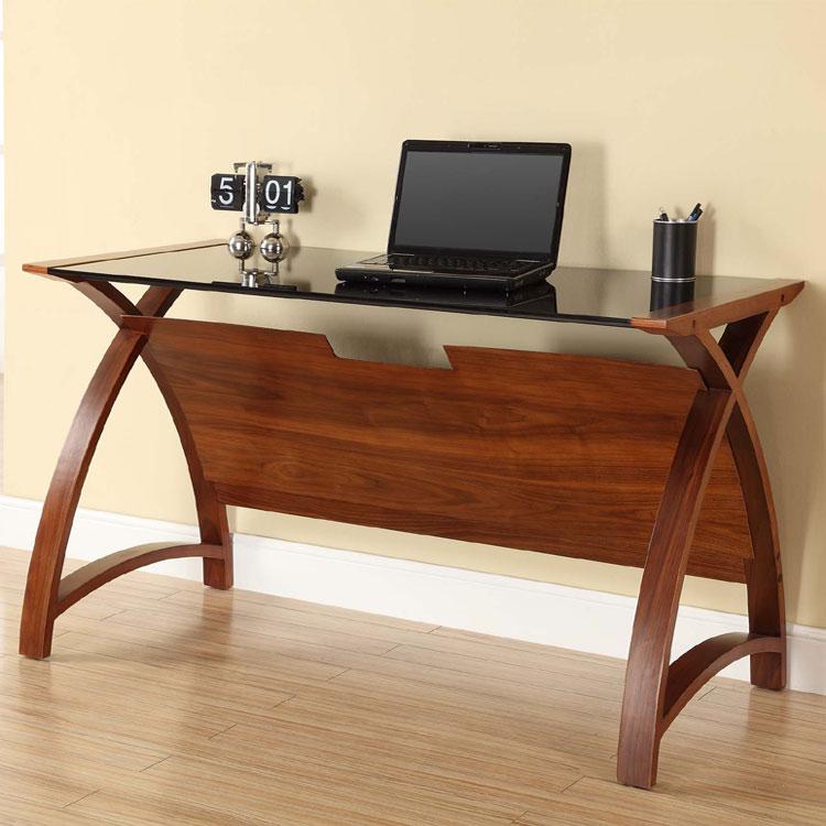 Jual Helsinki Curved 1300mm Laptop Desk in Walnut and Black Glass