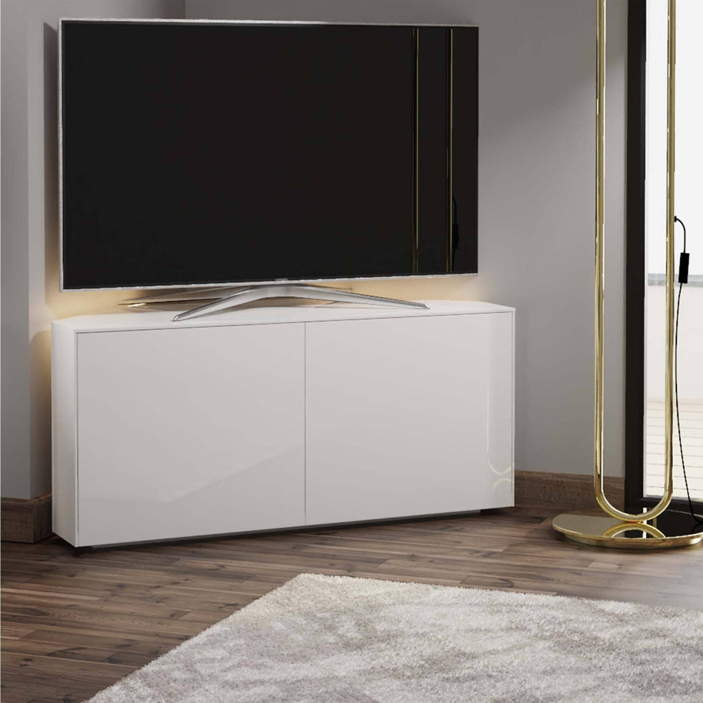 White corner tv unit store with led lights