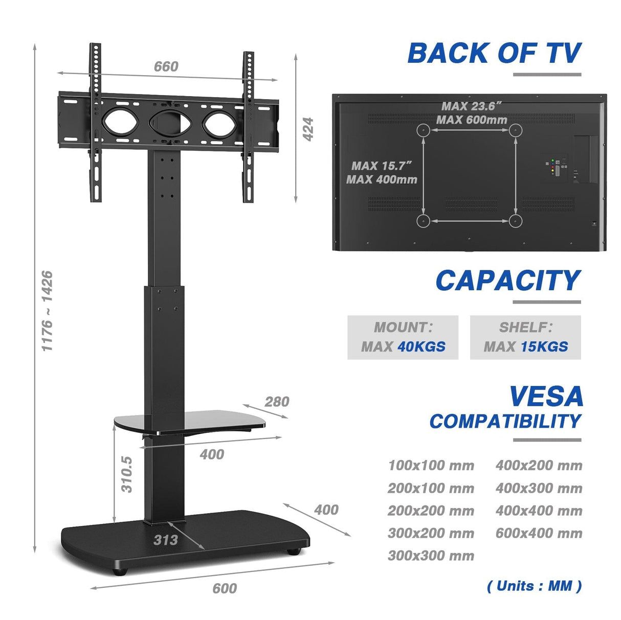 TTAP FS1-BLK TV Stand with Height Adjustable Swivel Bracket for up to 55" TVs