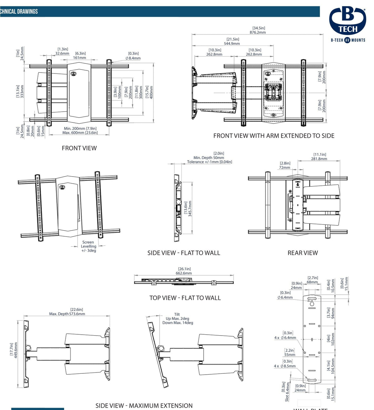 B-Tech BT8226 - Black Ultra Slim Double Arm TV Wall Mount, Tilt and Swivel
